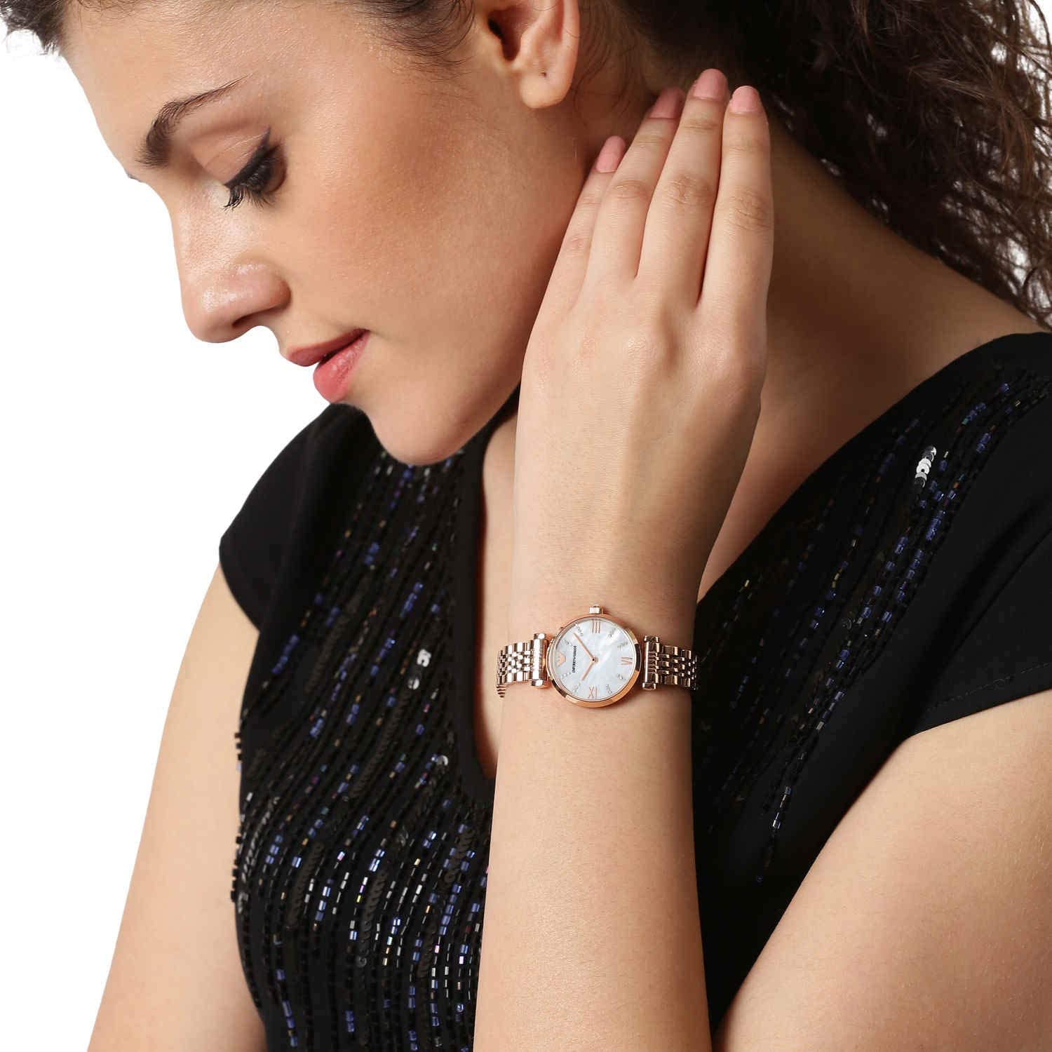 Emporio Armani 晶鑽風格優質女性腕錶-玫瑰金 (AR11316)