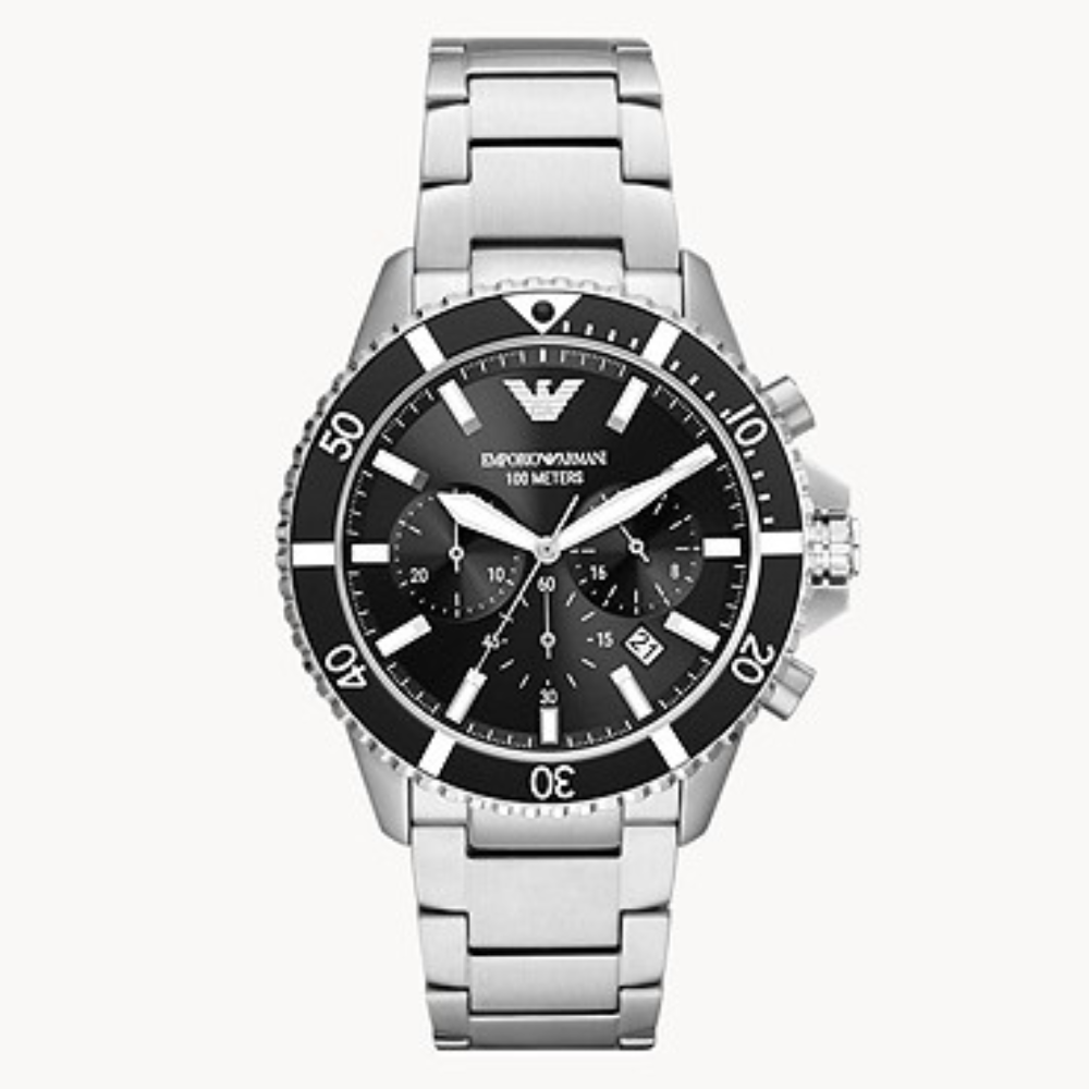 Emporio Armani 三眼計時不鏽鋼水鬼錶/銀x黑面(AR11360)