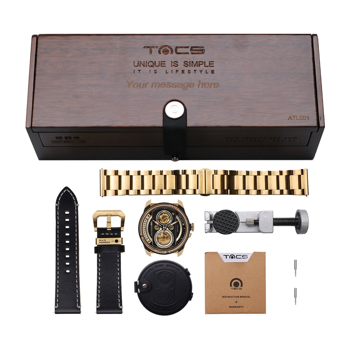 Tacs ATL 雙鏡頭古董相機錶皮帶 (2002B) 金色鋼帶 限量木盒套裝
